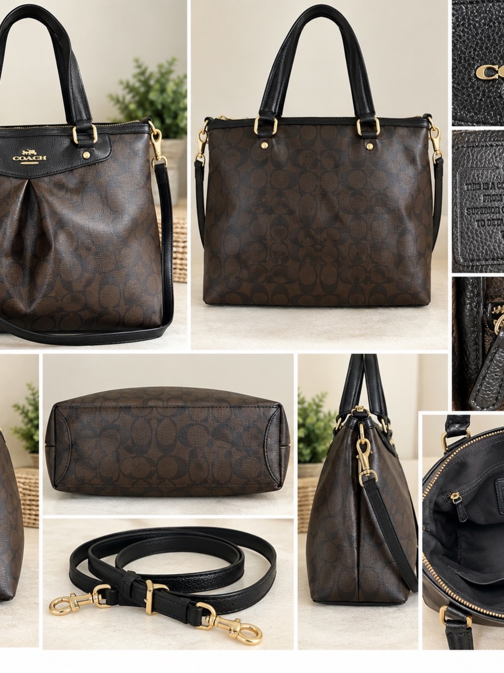 Coach Brown Signature Canvas Tote with Black Leather Handles & Gold Hardware